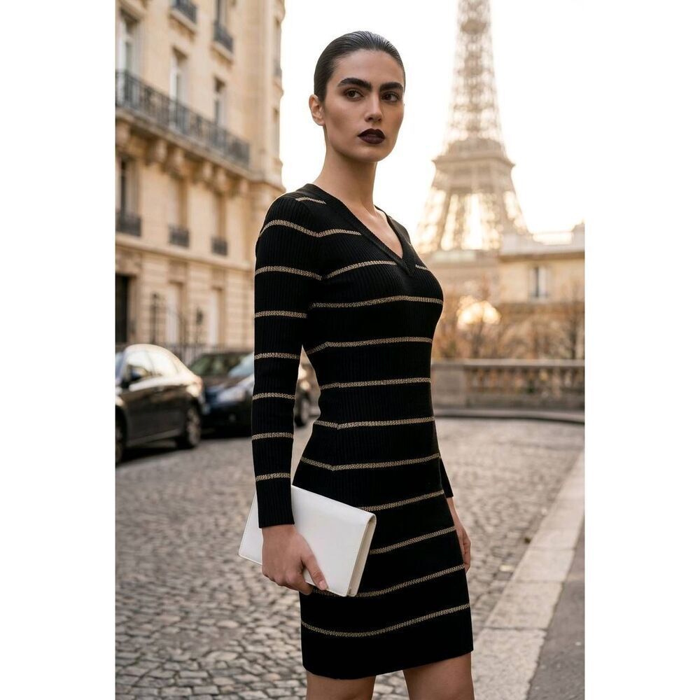 ☔️💜Pink Rose Black w/Gold Stripe Fitted Sweater Dress Medium